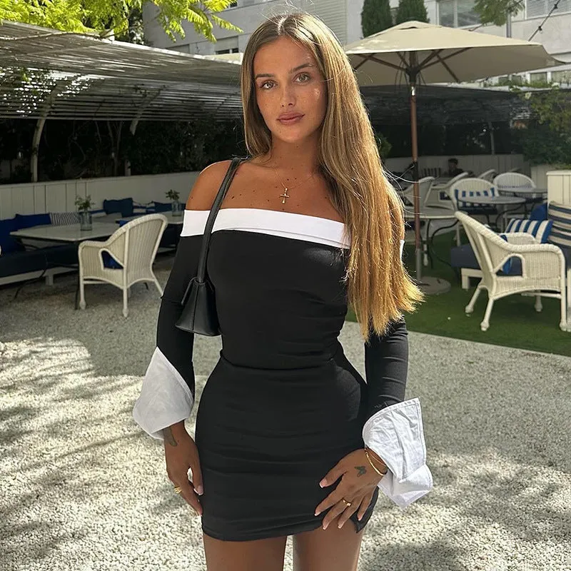 Sophisticated Contrast Color Off-Shoulder Long Sleeve Bodycon Dress