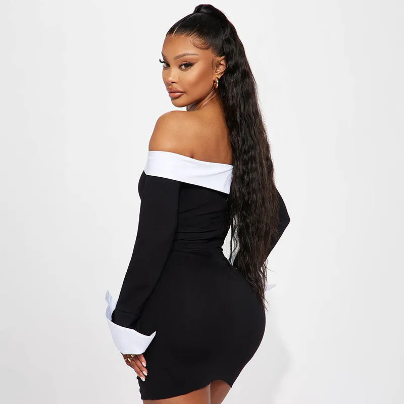Sophisticated Contrast Color Off-Shoulder Long Sleeve Bodycon Dress