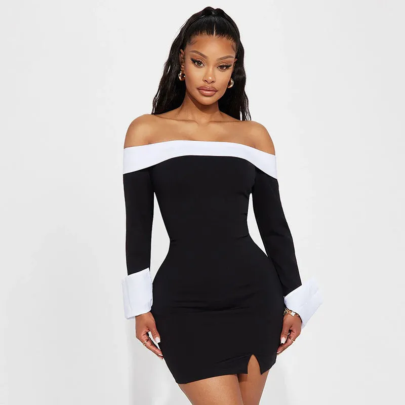 Sophisticated Contrast Color Off-Shoulder Long Sleeve Bodycon Dress