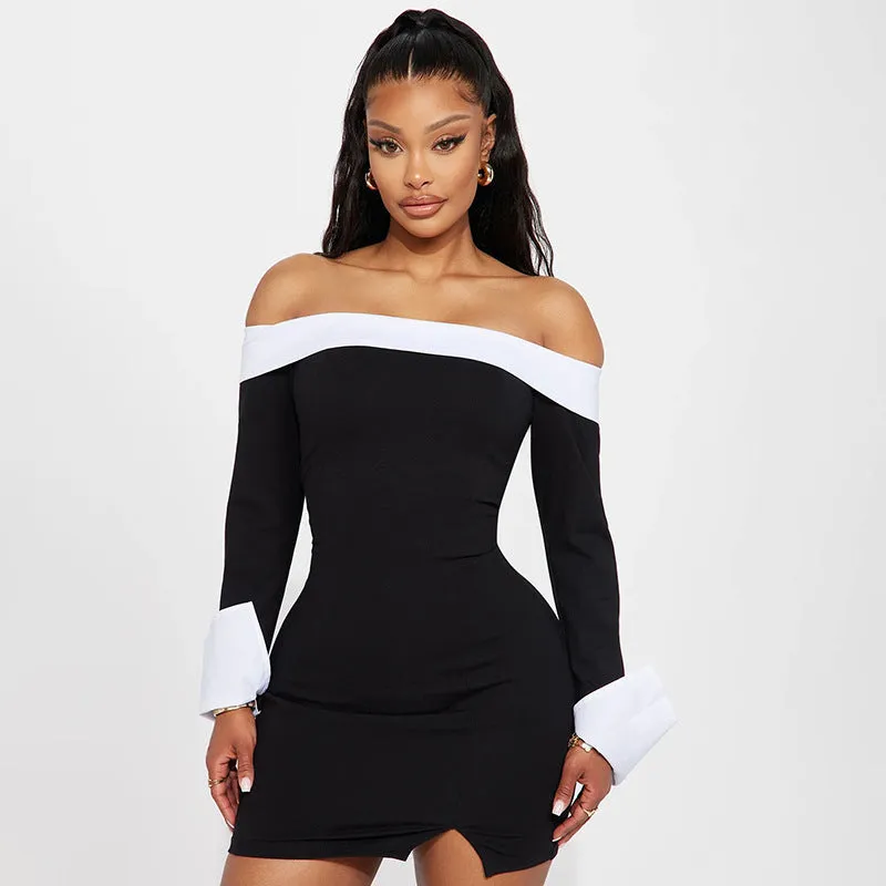 Sophisticated Contrast Color Off-Shoulder Long Sleeve Bodycon Dress
