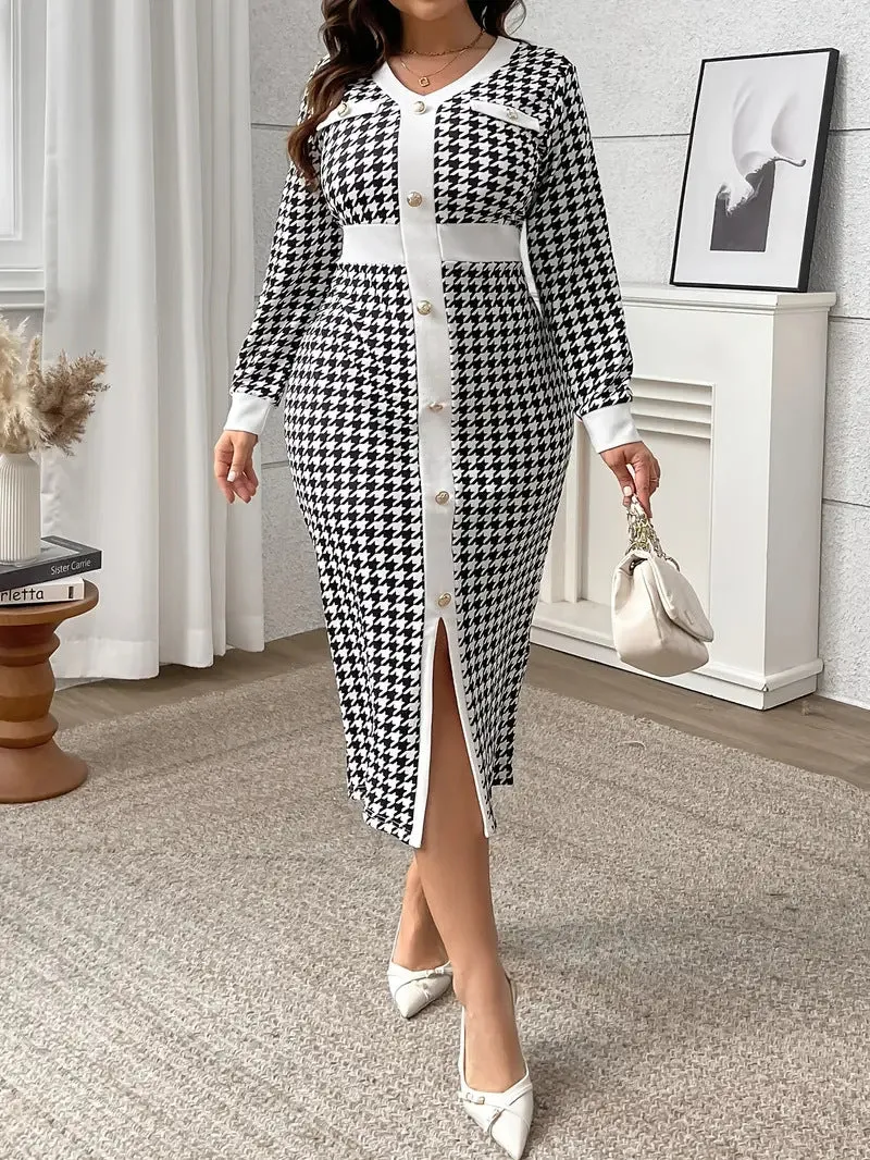 Sophisticated Plus-Size Houndstooth Print Long-Sleeve Midi Dress