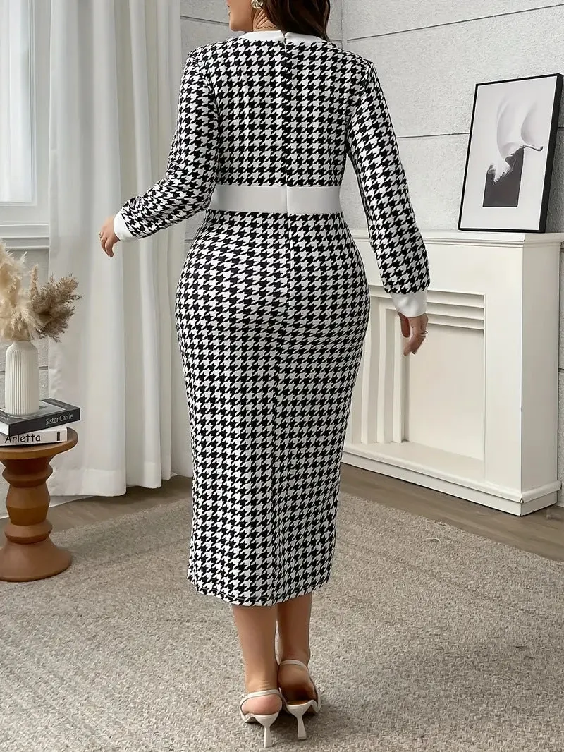 Sophisticated Plus-Size Houndstooth Print Long-Sleeve Midi Dress
