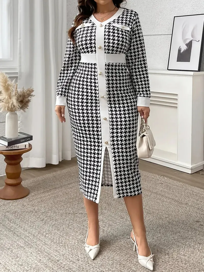 Sophisticated Plus-Size Houndstooth Print Long-Sleeve Midi Dress