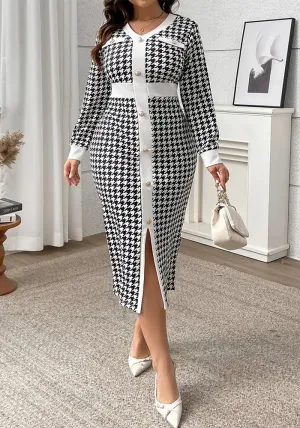 Sophisticated Plus-Size Houndstooth Print Long-Sleeve Midi Dress