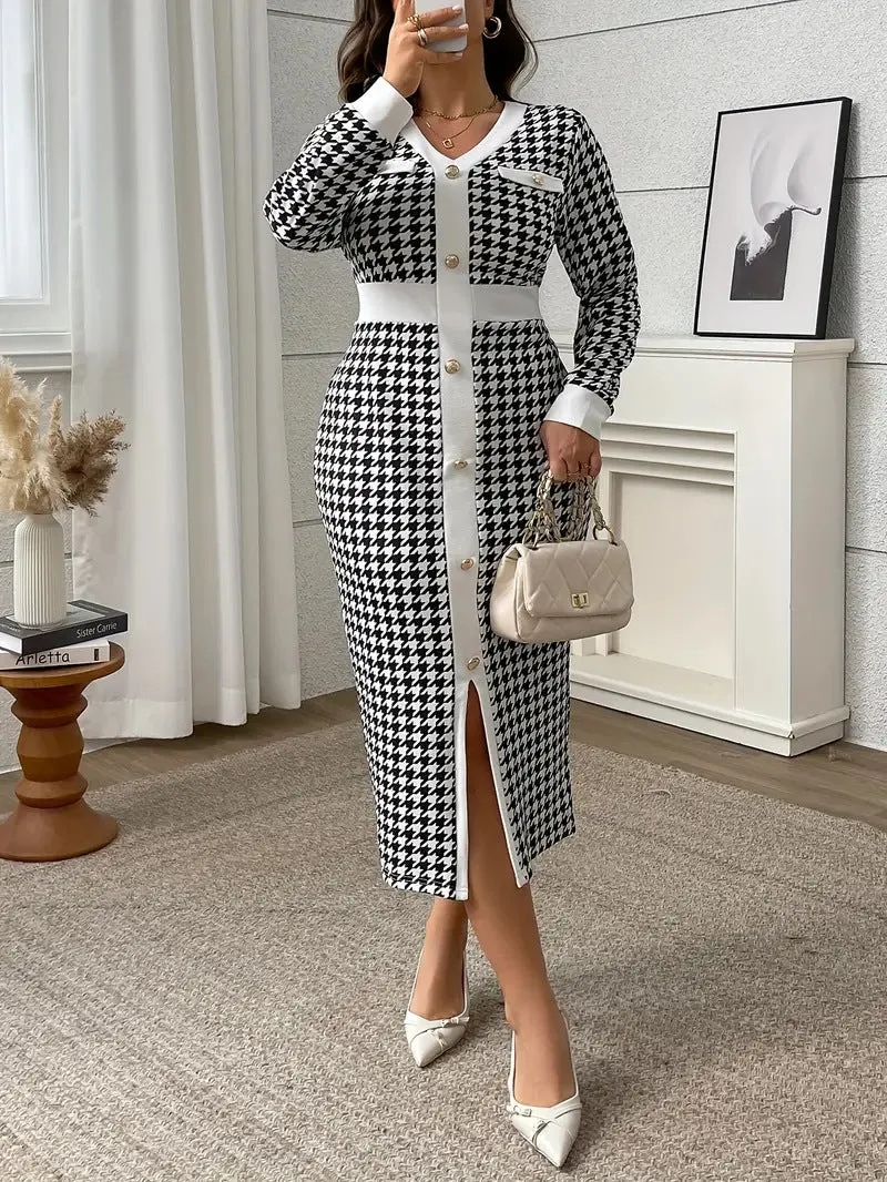 Sophisticated Plus-Size Houndstooth Print Long-Sleeve Midi Dress