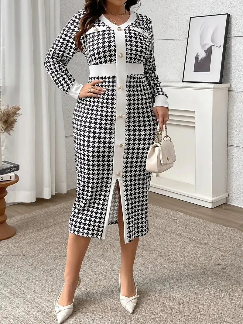 Sophisticated Plus-Size Houndstooth Print Long-Sleeve Midi Dress