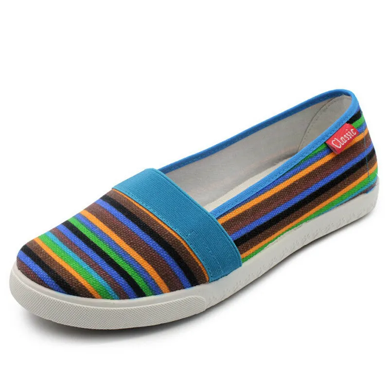 Spring Women Loafers Soft Rainbow Stripe Slip On Flats For Summer Style Canvas Shoes Woman Plus Size 35-41