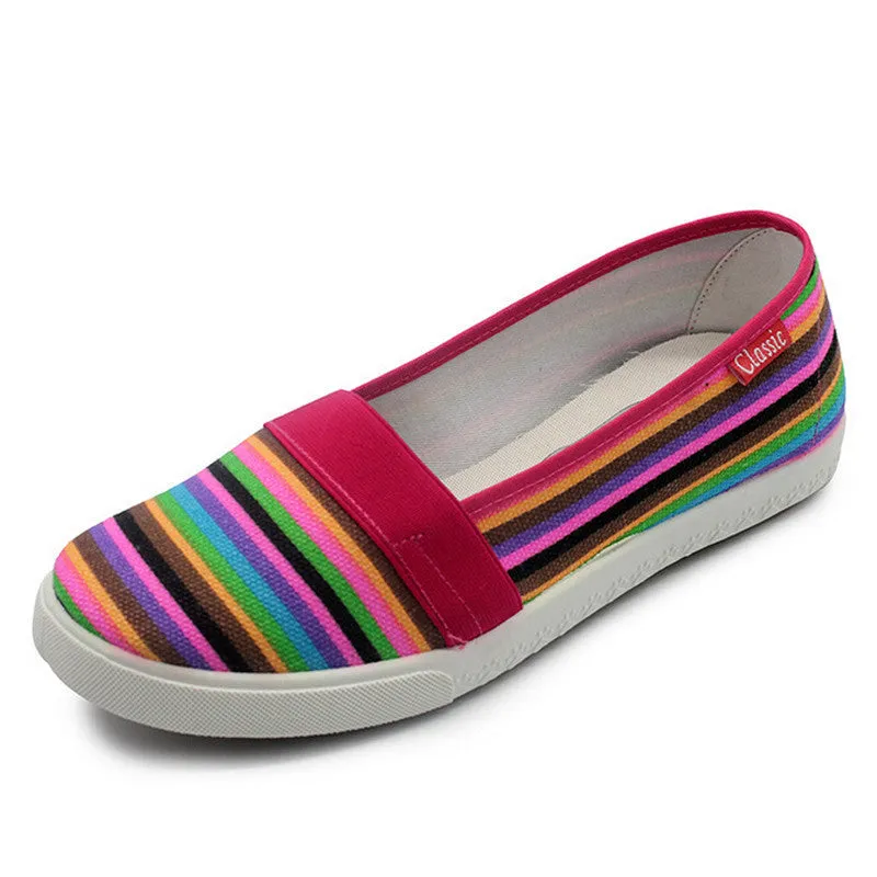 Spring Women Loafers Soft Rainbow Stripe Slip On Flats For Summer Style Canvas Shoes Woman Plus Size 35-41
