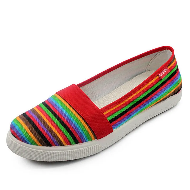 Spring Women Loafers Soft Rainbow Stripe Slip On Flats For Summer Style Canvas Shoes Woman Plus Size 35-41