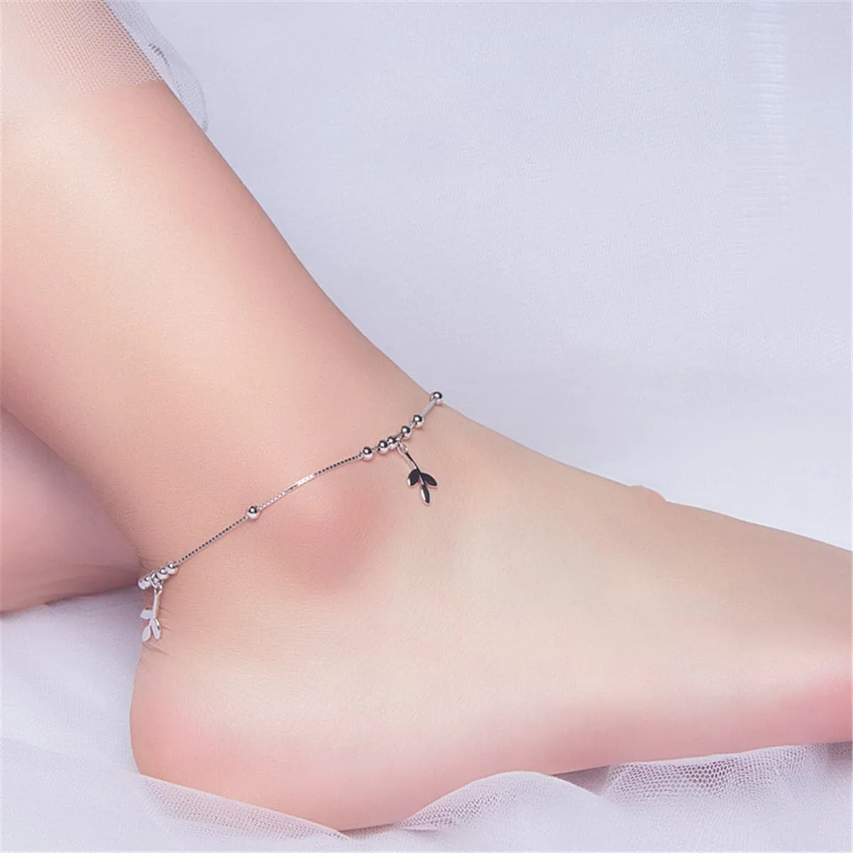 Sterling Silver Leaves Charm Anklet