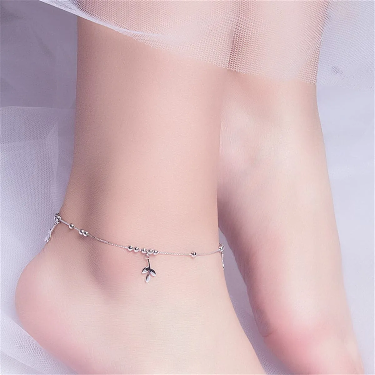 Sterling Silver Leaves Charm Anklet