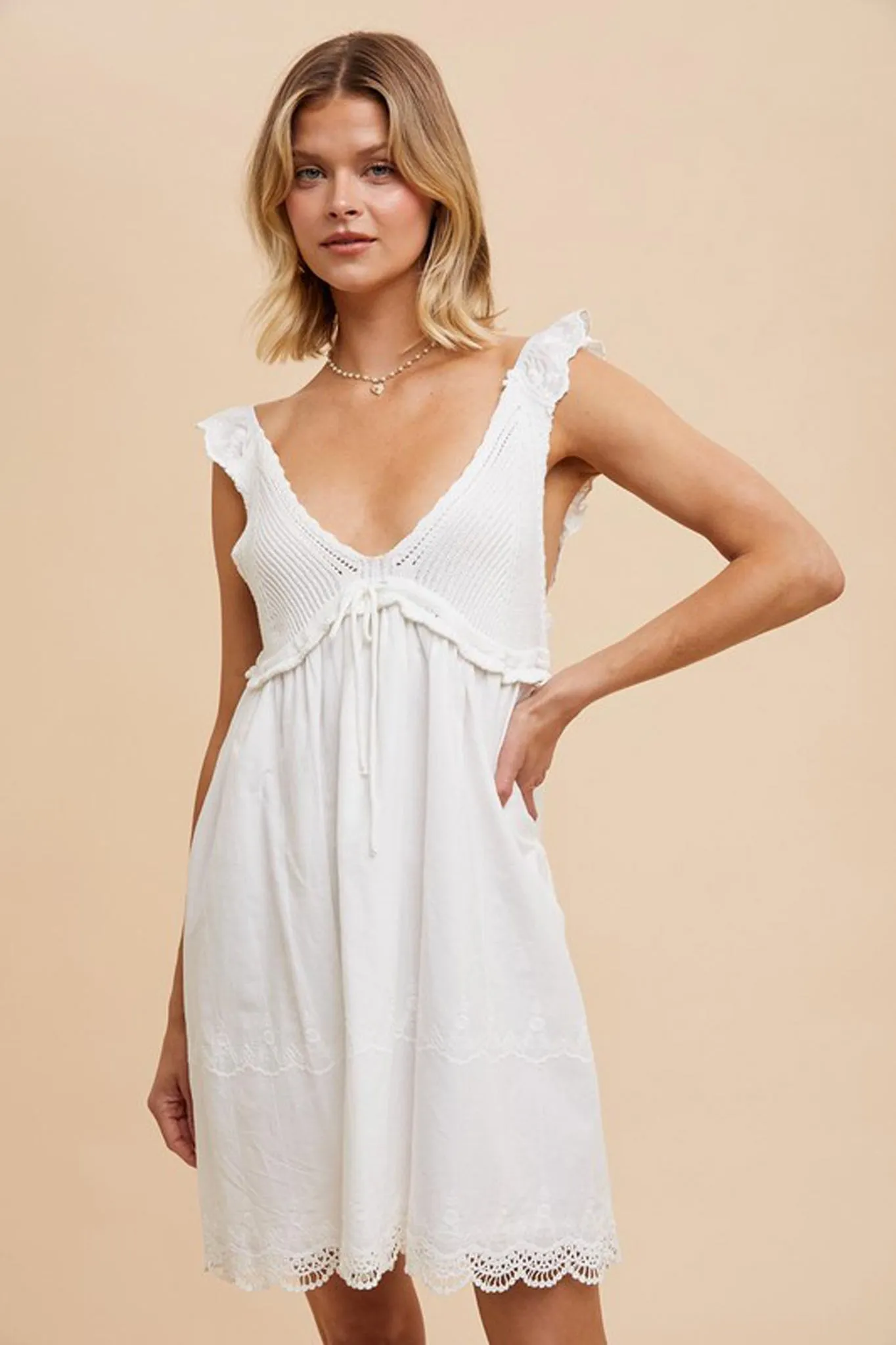 V-Neck Crochet Mini Dress