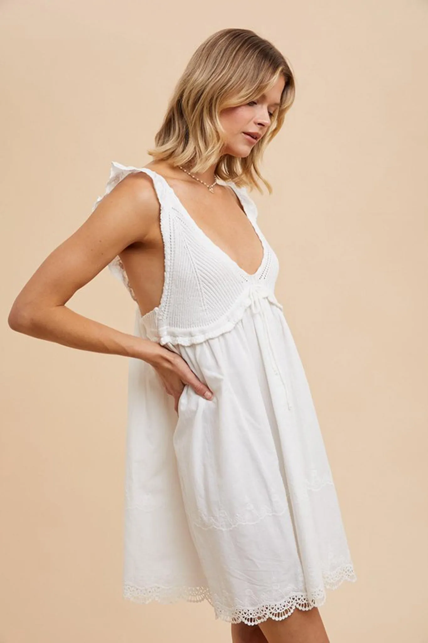 V-Neck Crochet Mini Dress