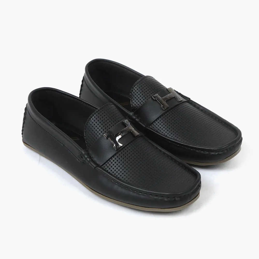 Valuable Breathable Slip-On Moccasins Loafers with Metal "H" Accent - Black