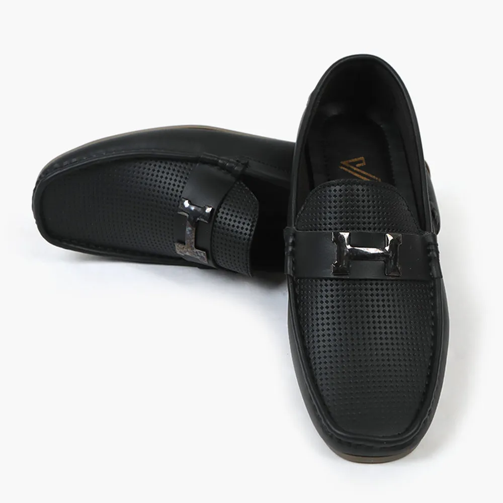 Valuable Breathable Slip-On Moccasins Loafers with Metal "H" Accent - Black