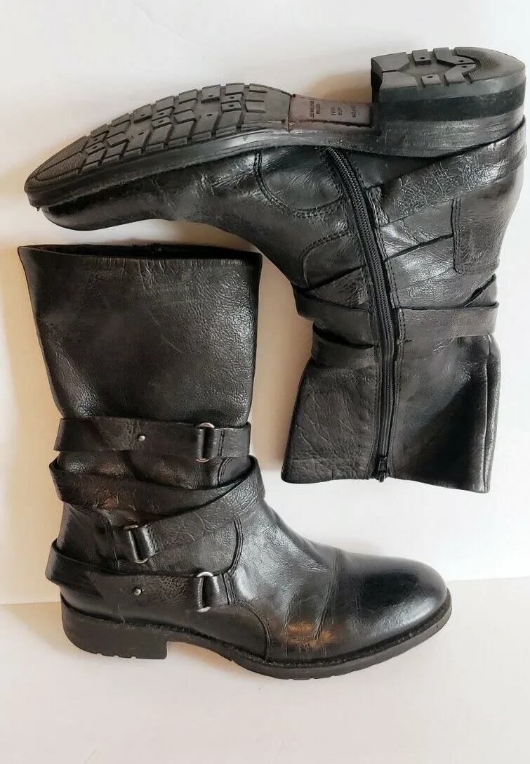 Vera Wang Lavender Black Leather Kippy Boots Buckle Straps Zipper 8 Mid Calf