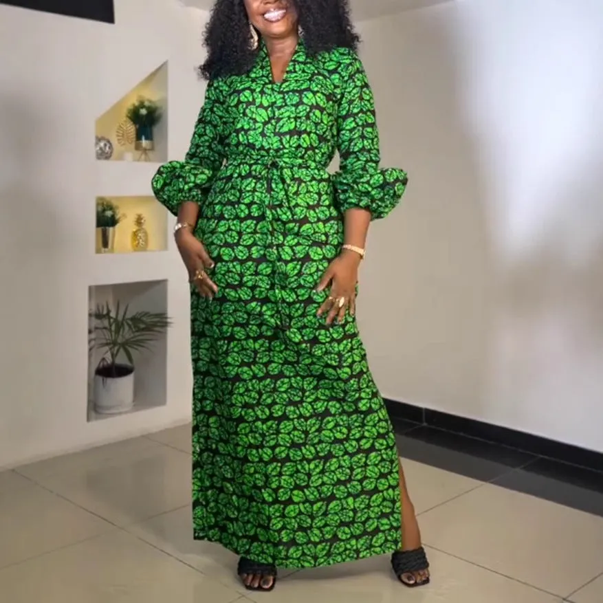 Vibrant Print Maxi Dress with Drawstring Waist and Side Slit