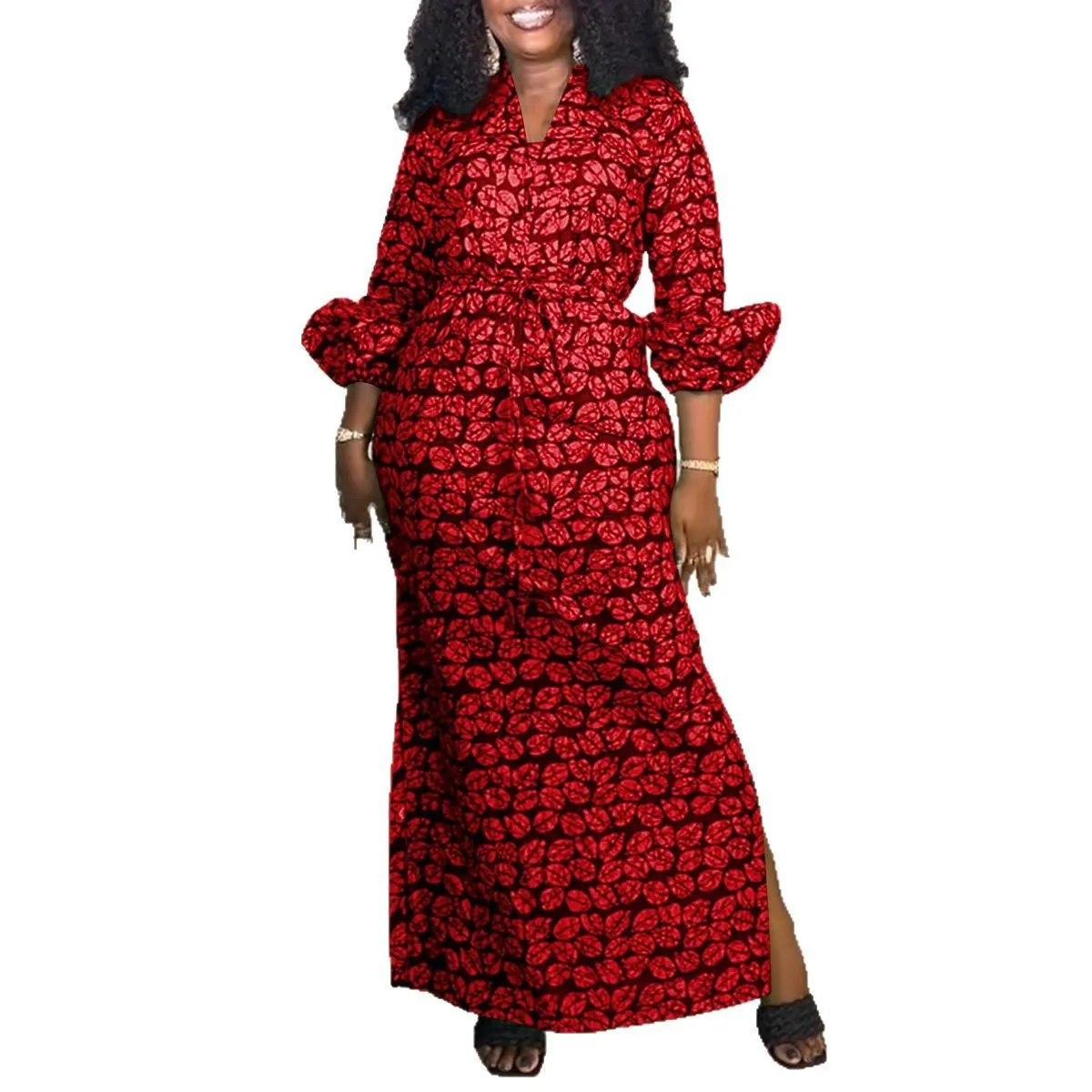 Vibrant Print Maxi Dress with Drawstring Waist and Side Slit