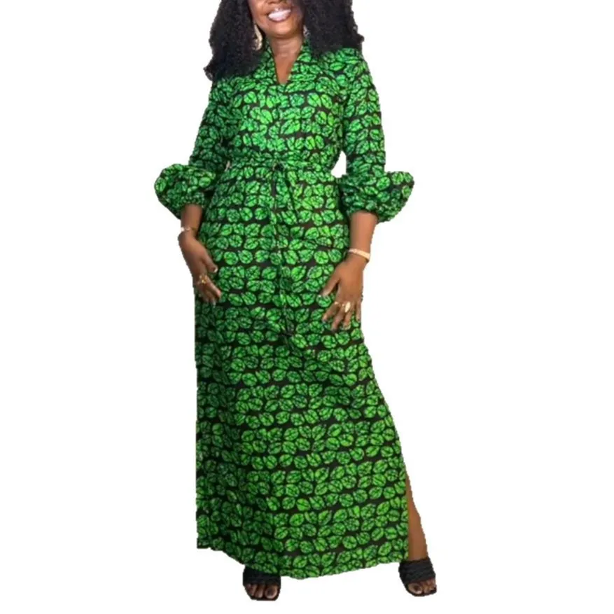 Vibrant Print Maxi Dress with Drawstring Waist and Side Slit