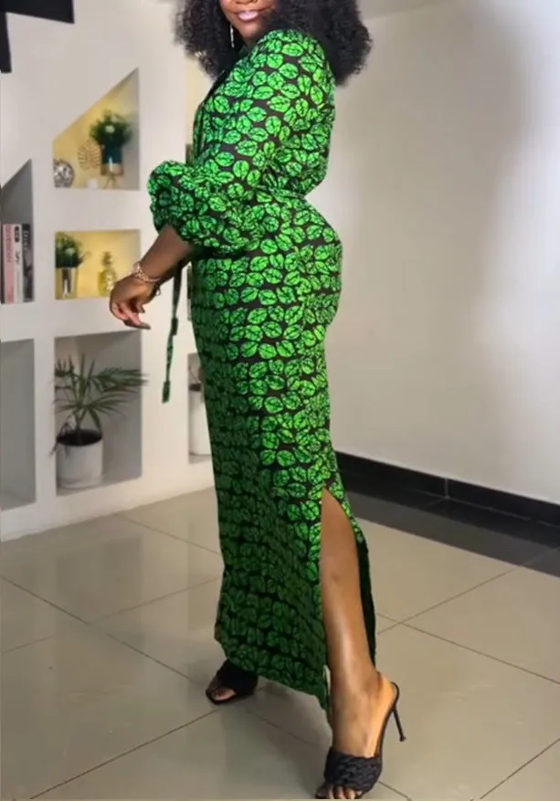 Vibrant Print Maxi Dress with Drawstring Waist and Side Slit