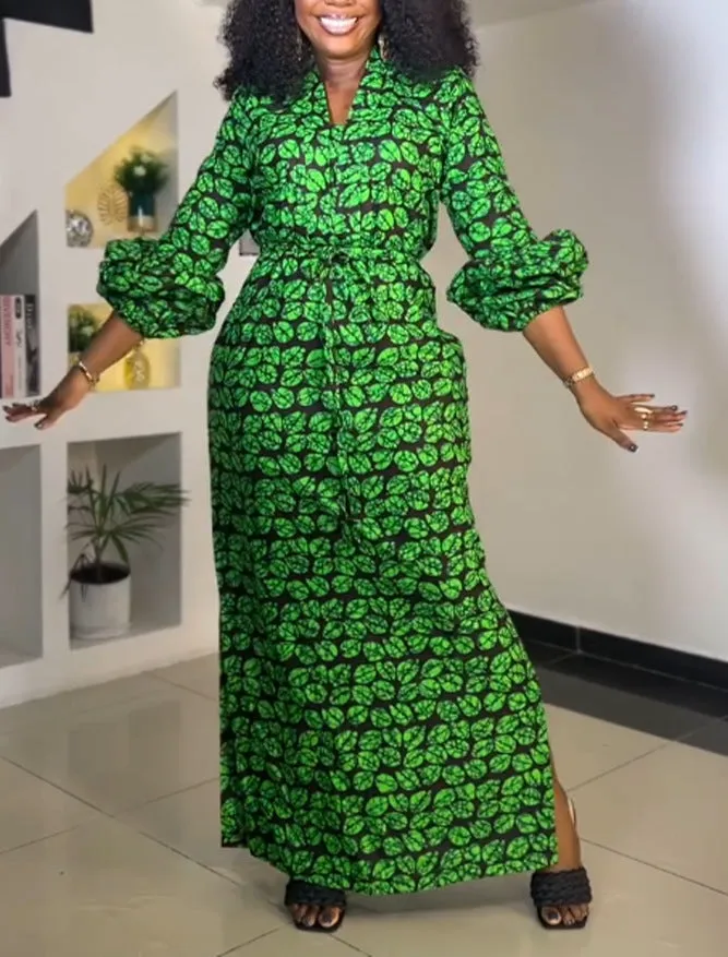 Vibrant Print Maxi Dress with Drawstring Waist and Side Slit