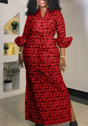 Vibrant Print Maxi Dress with Drawstring Waist and Side Slit