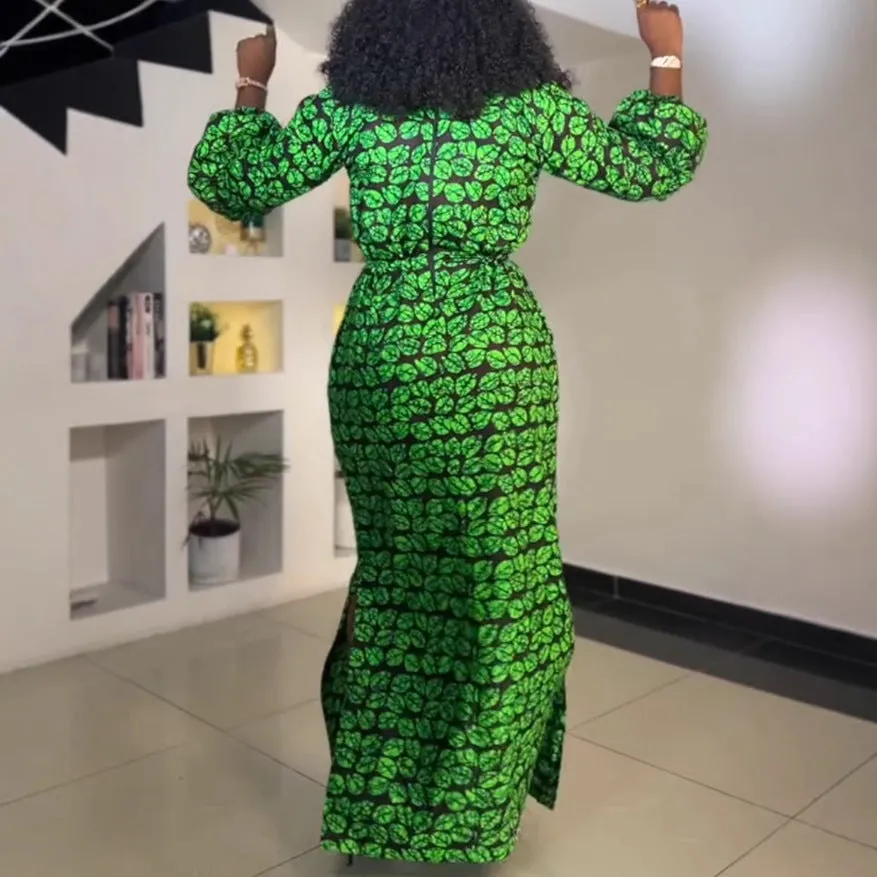 Vibrant Print Maxi Dress with Drawstring Waist and Side Slit