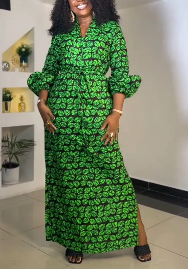 Vibrant Print Maxi Dress with Drawstring Waist and Side Slit