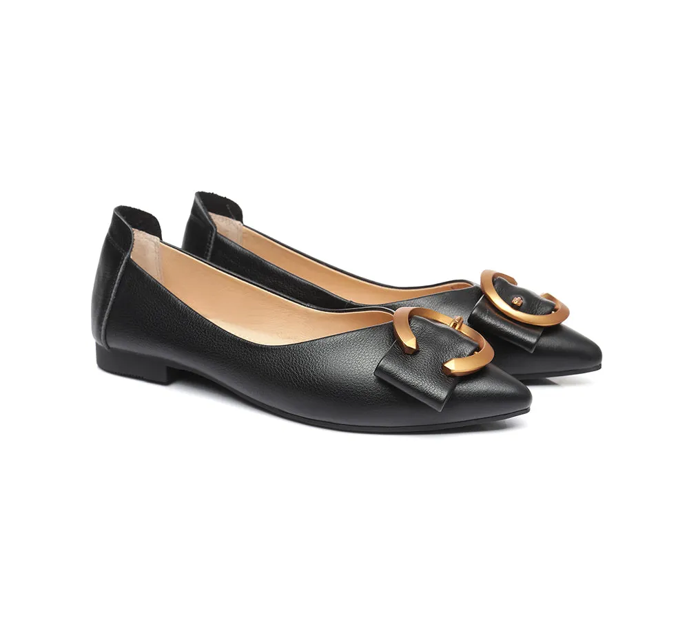 Women Leather Buckle Pointed Toe Ballet Flats Pari