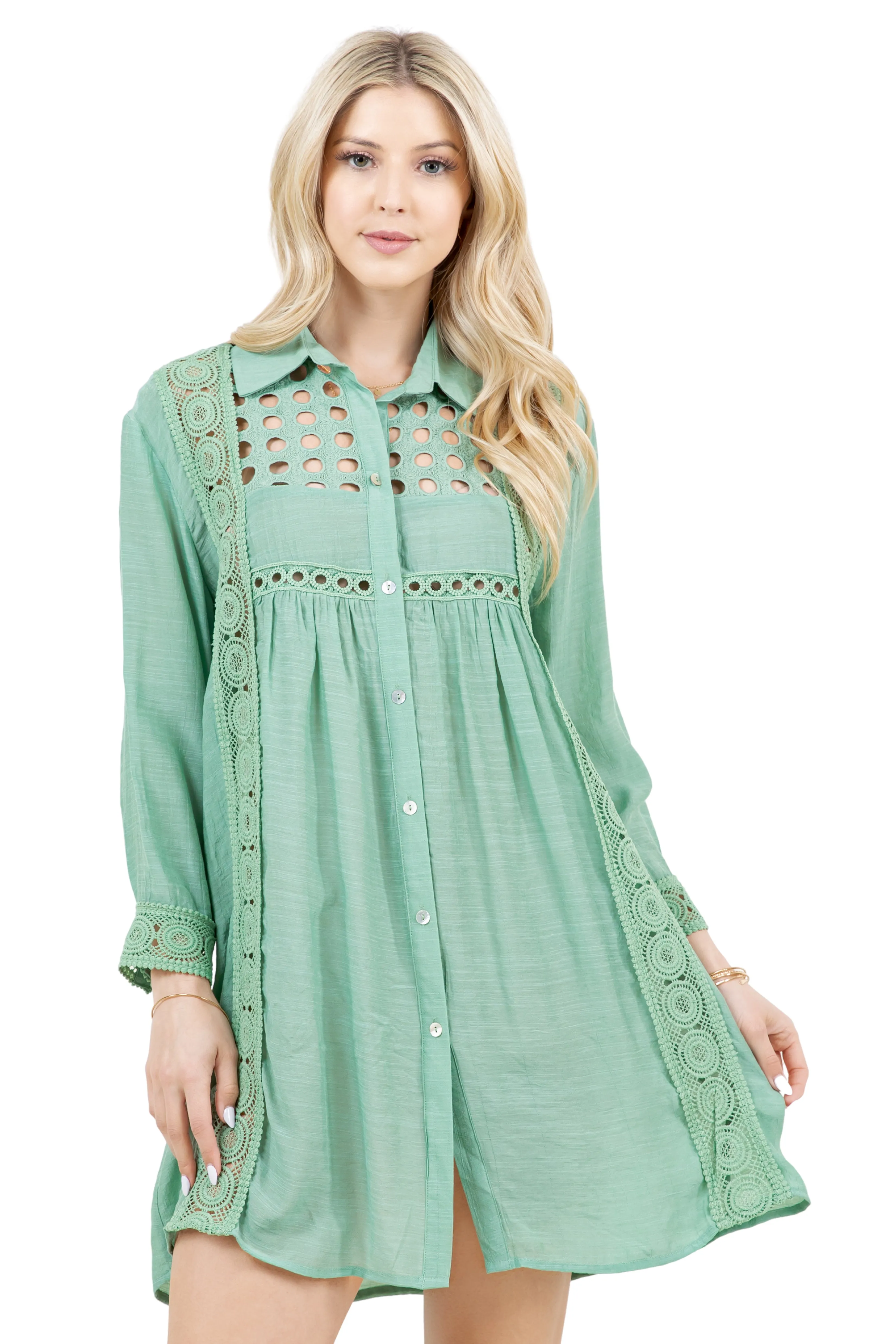 Women's Casual Resort Wear Embroidered Lace Yoke Button Down Shirt Dress