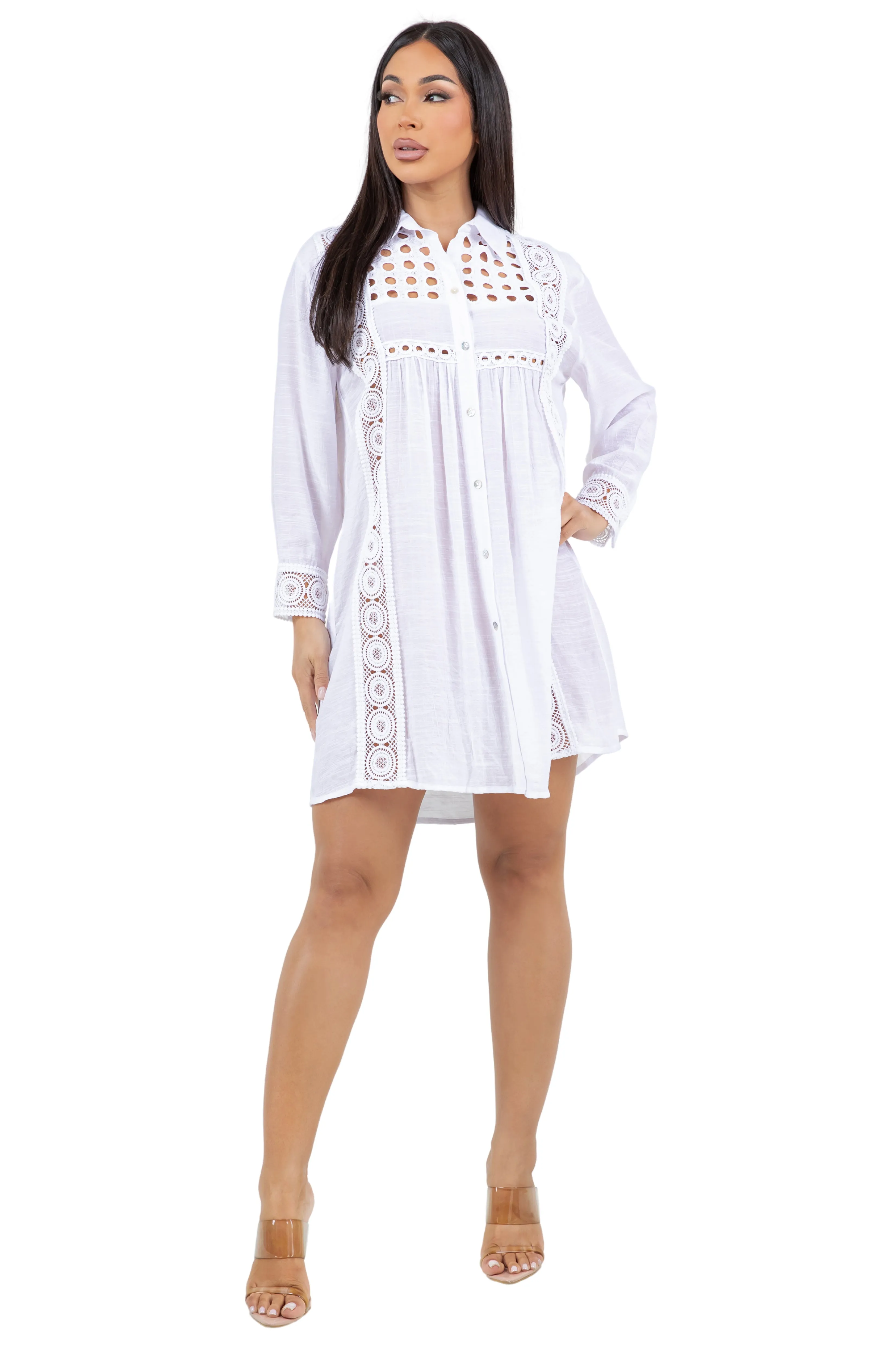 Women's Casual Resort Wear Embroidered Lace Yoke Button Down Shirt Dress