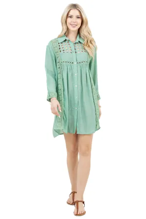 Women's Casual Resort Wear Embroidered Lace Yoke Button Down Shirt Dress