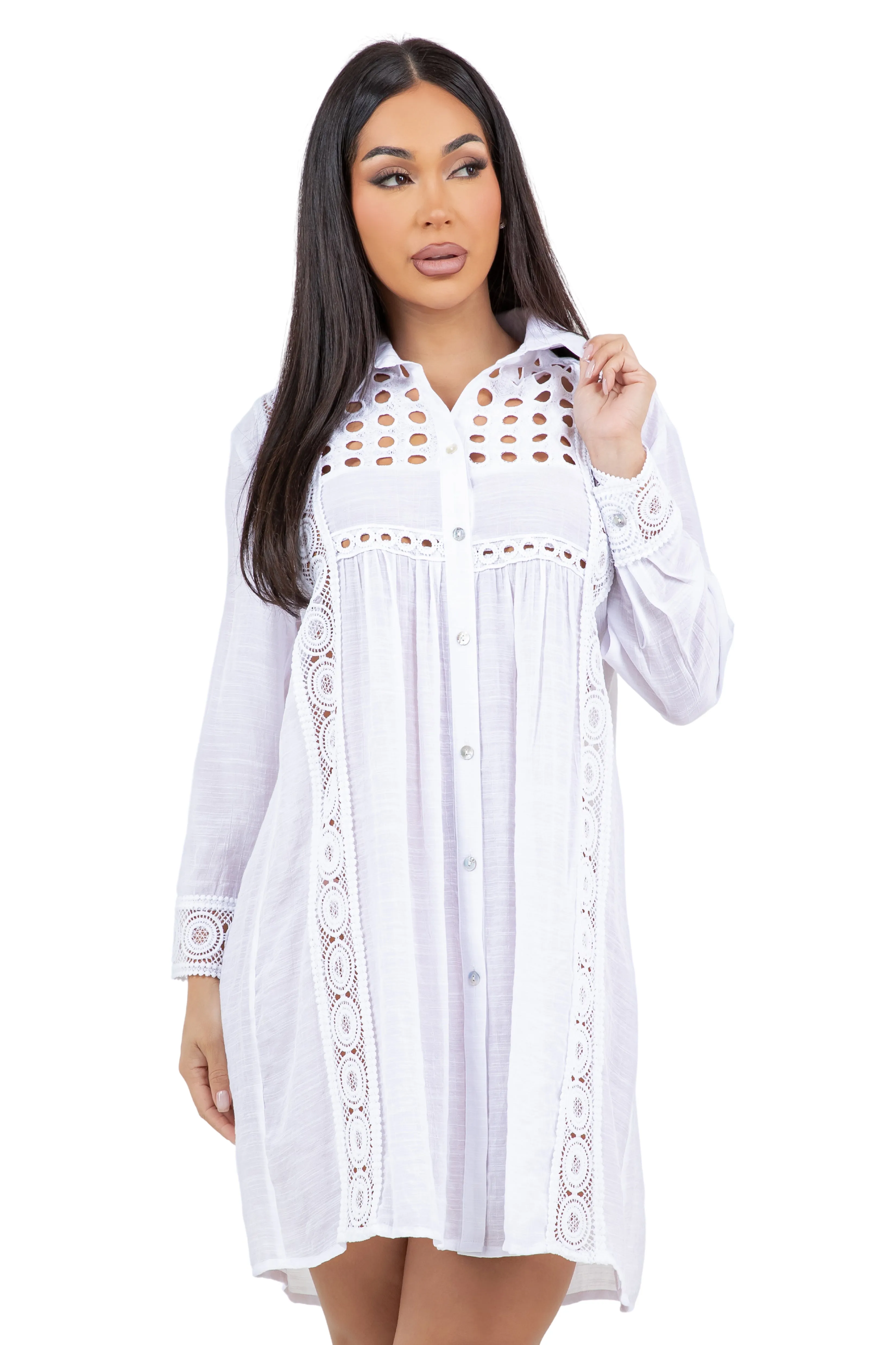 Women's Casual Resort Wear Embroidered Lace Yoke Button Down Shirt Dress