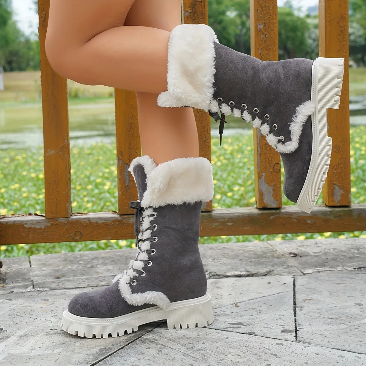 Womens MidCalf Fluffy Boots  Thermal NonSlip Solid Color